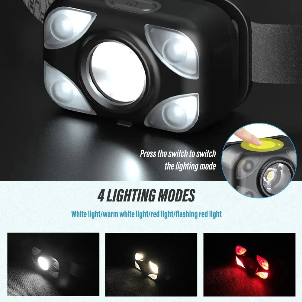 Powerful LED Sensor Headlamp Built-in Battery USB Rechargeable Mini Induction Head Flashlight White/Yellow/Red Headlight Oasis Select