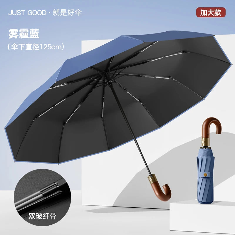Automatic Umbrella Bent Hook Wooden Handle Umbrella Large Double Thickened Storm Resistant Umbrella Oasis Select Blue 125cm 10K metal-fiber composite