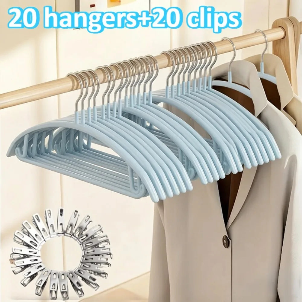 20pcs Non-Slip Hangers with 20 Metal Clips,Anti-Shoulder Bump Arc Design Trouser & Clothes Hanger Set for Laundry Closet,Hangers Oasis Select