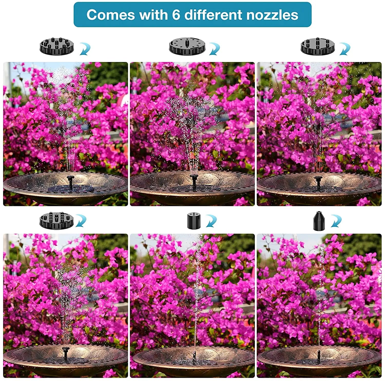 1.5W Solar Fountain Pump, with 6 nozzles Solar Bird Bath Fountain, Water Pump Floating Fountains Suitable for Ponds Oasis Select