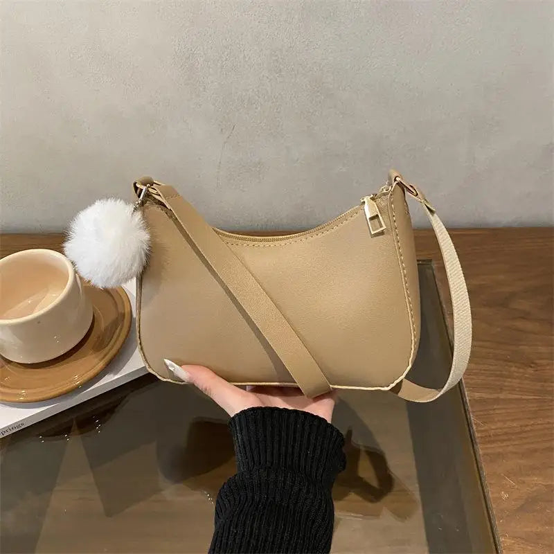 Women's PU Leather Hobo Shoulder Bag with Pom-Pom Charm