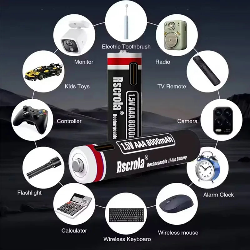 1.5V AAA Rechargeable Li-ion Battery 8000mAh Type-C USB Fast Charging for Toys Shaver Smart Home Devices Oasis Select