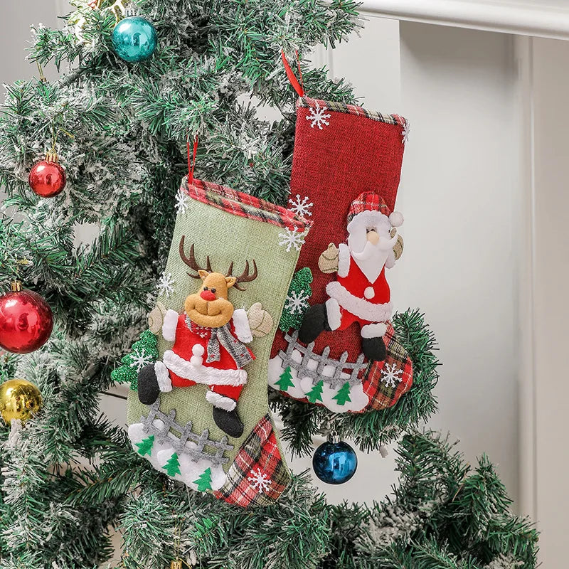 Linen Large Christmas Stocking Fence Christmas Gift Bag Christmas Tree Hanging Ornaments Candy Bag Ornaments Oasis Select