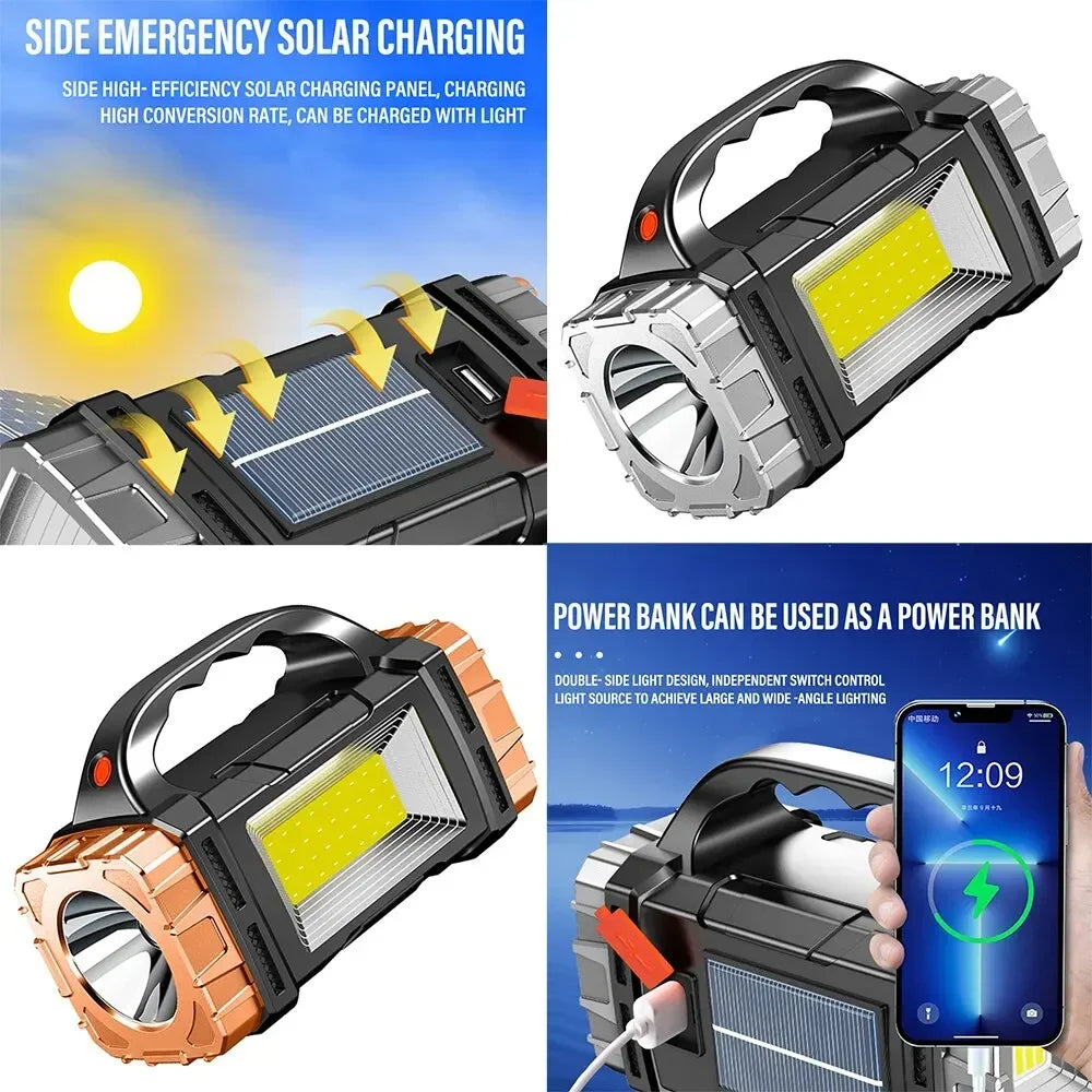 Solar COB LED Flashlight & Power Bank | Waterproof Camping Lamp