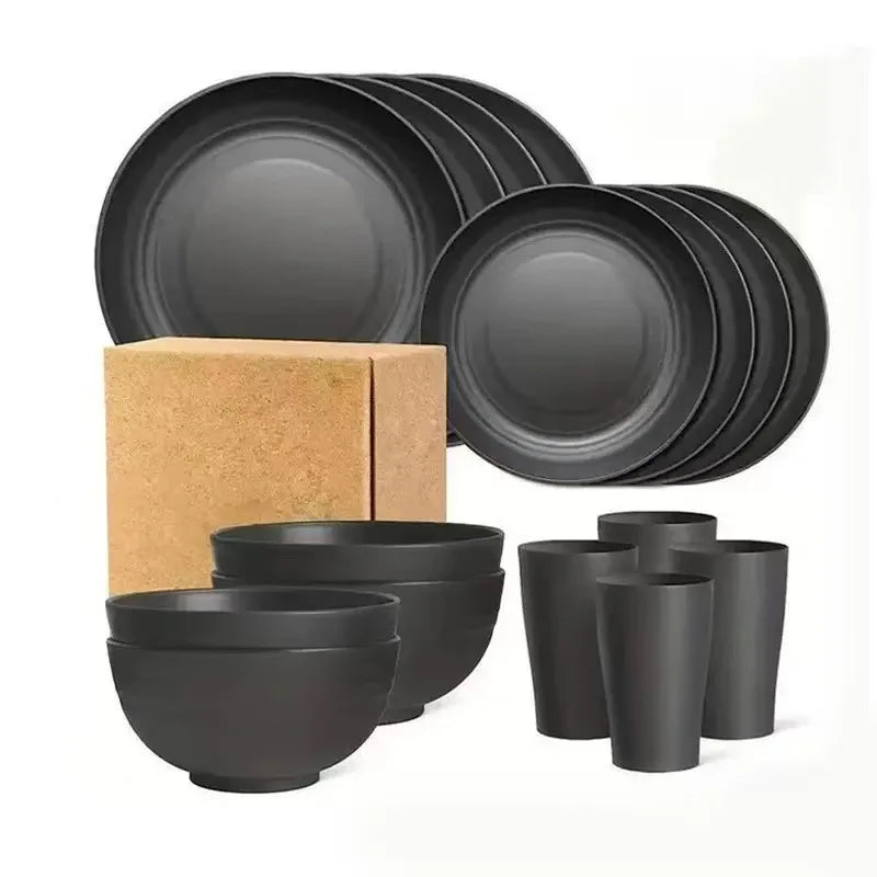 16pcs Unbreakable High Quality Plastic Dinnerware Sets - Reusable, Lightweight, for Daily Use, Outdoor Dining, Camping Essential Oasis Select Black-16Pcs