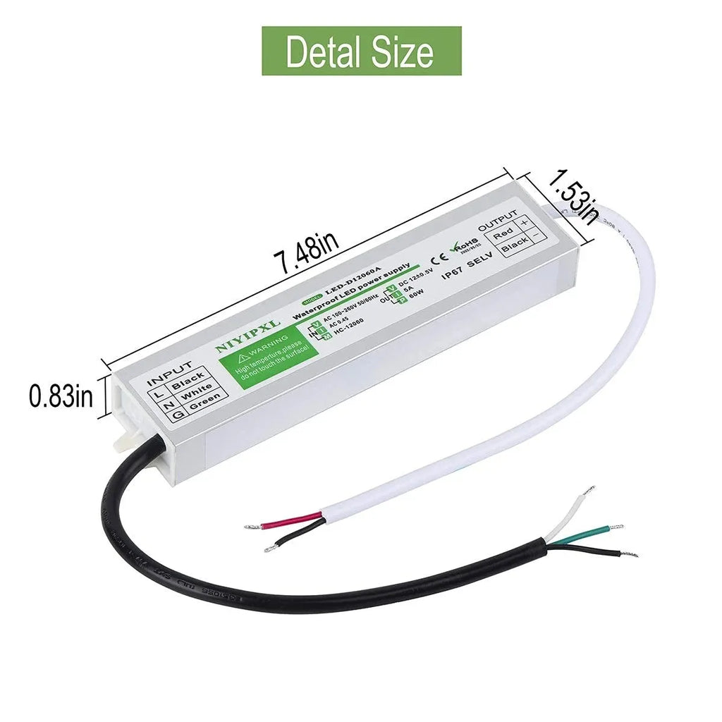 IP67 Waterproof Power Supply 12V 5A 60W Outdoor Lighting Transformer AC 110V 220V TO DC 12V 60W LED Driver For LED Strip Oasis Select