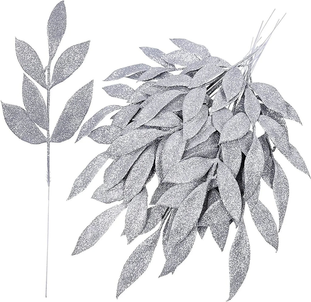 1pcs Glitter Bay Leaf Stems Artificial Christmas Spray Picks Fake Floral Leaf Branches Wired Stem Decor For Christmas Tree Oasis Select Silver