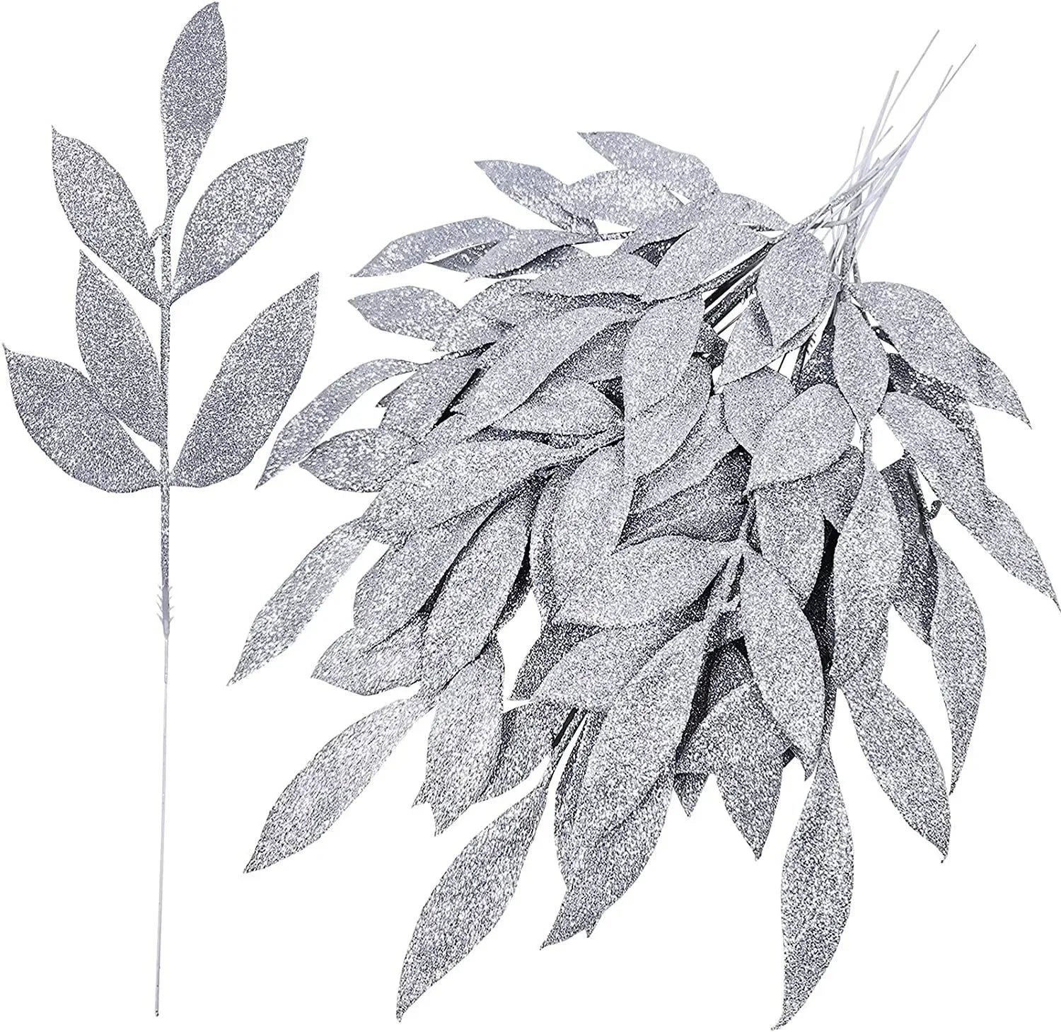 1pcs Glitter Bay Leaf Stems Artificial Christmas Spray Picks Fake Floral Leaf Branches Wired Stem Decor For Christmas Tree Oasis Select Silver