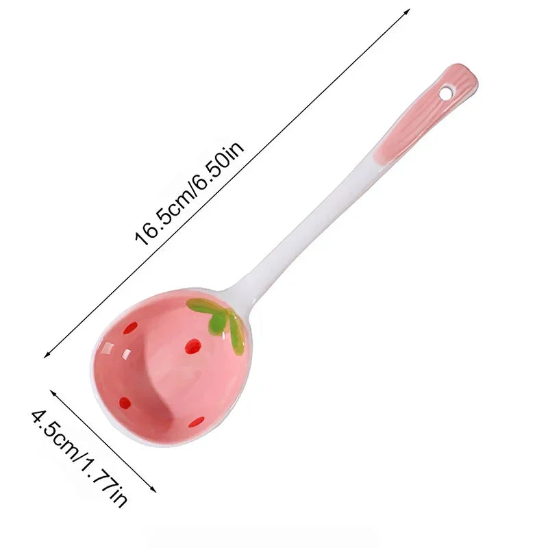 Kitchen Accessories Kawaii Strawberry Ceramic Soup Spoon Cute Korean Ice Cream Hand Painted Coffee Dessert Long Handle Spoon Oasis Select