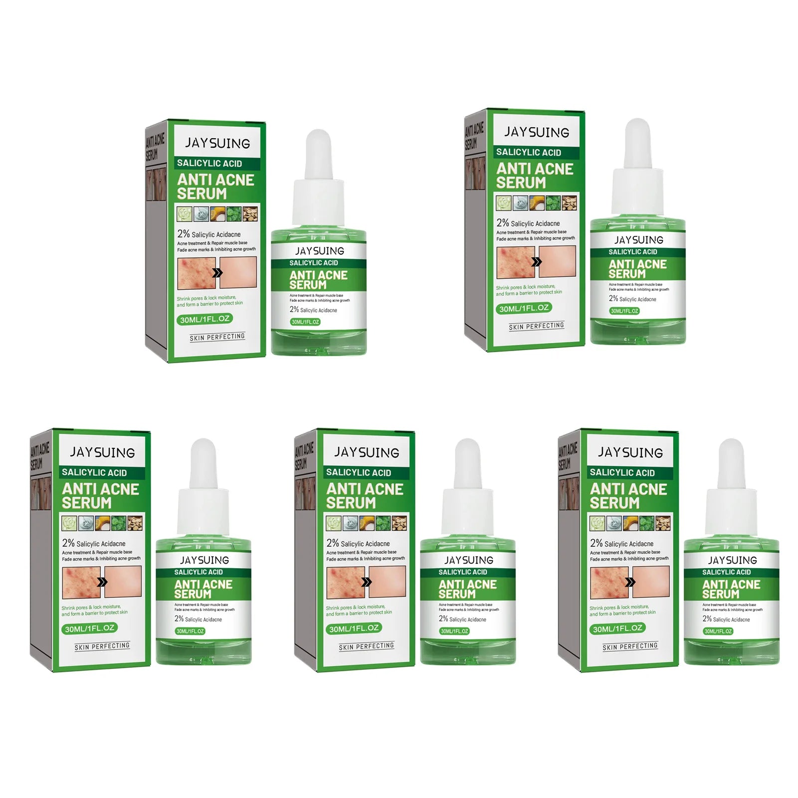Salicylic Acid Anti Acn-e Face Serum Hydrating Fader Acne Mark Pimple Blackhead Removal Shrink Pores Oil Control Facial Essence Oasis Select 5 x 30ml Boxed