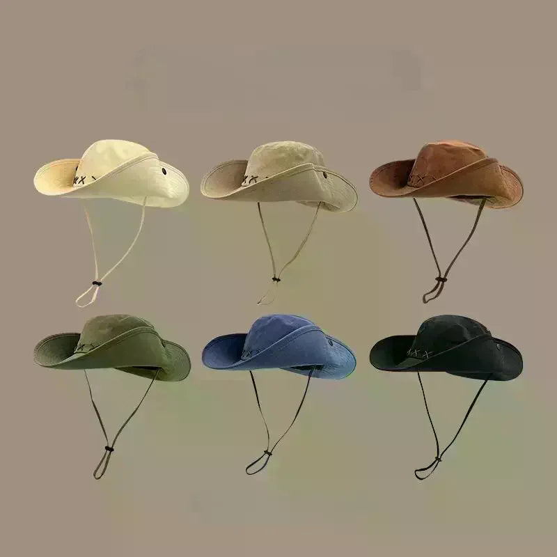 Wide Brim Retro Western Cowboy Hat Unisex Sun Protection Outdoor Hiking Camping Fishing Hat with Adjustable Chin Strap Oasis Select