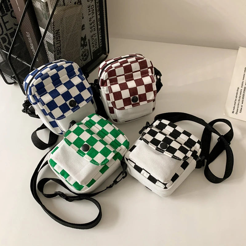 Men Sports Messenger Bag Adjustable Strap Daily Commute Travel Essential Mini Checkered Square Design With Front Fashion Pocket Oasis Select