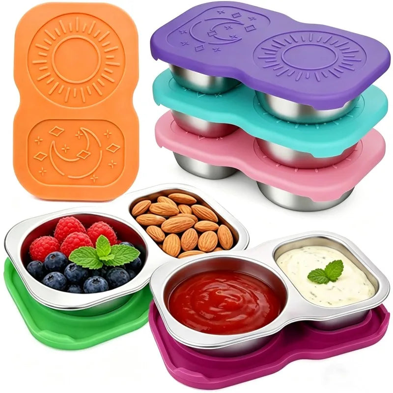 4pcs 2 Compartment 304 Stainless Steel Snack Containers Leakproof Silicone Lids 5.3oz Reusable Salad Dressing Sauce Food Storage Oasis Select