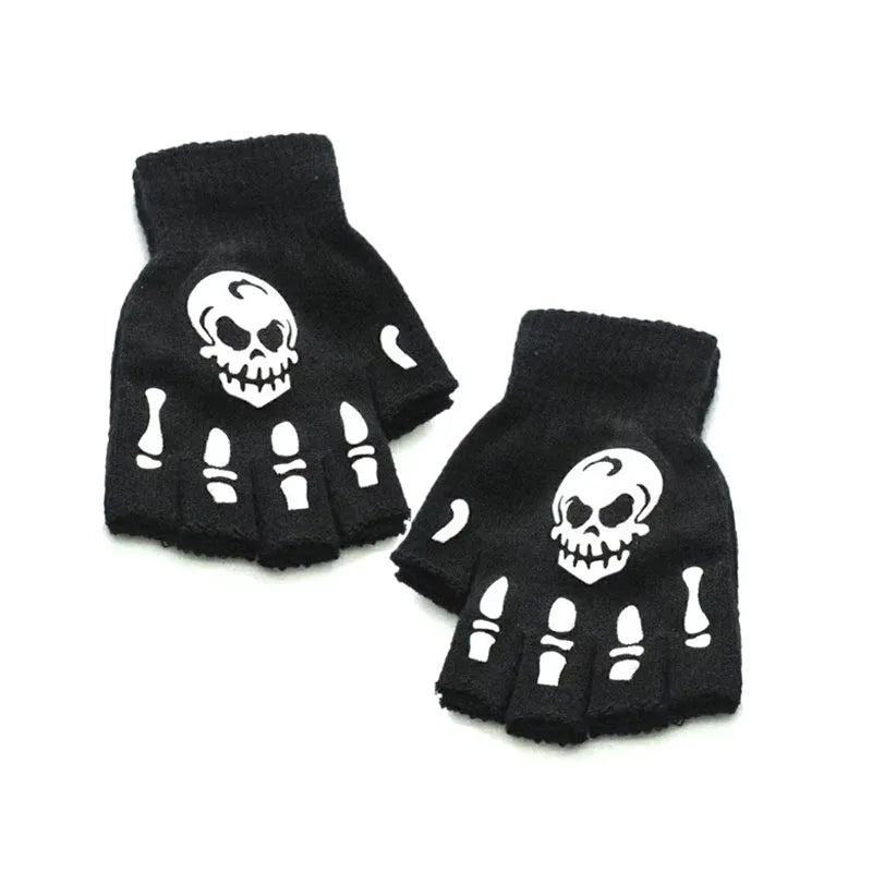1/2/3/4pairs Adult Kids Halloween Skull Half-Finger Punk Gloves Winter Skull Fingerless Black Gloves Oasis Select 02-1pair