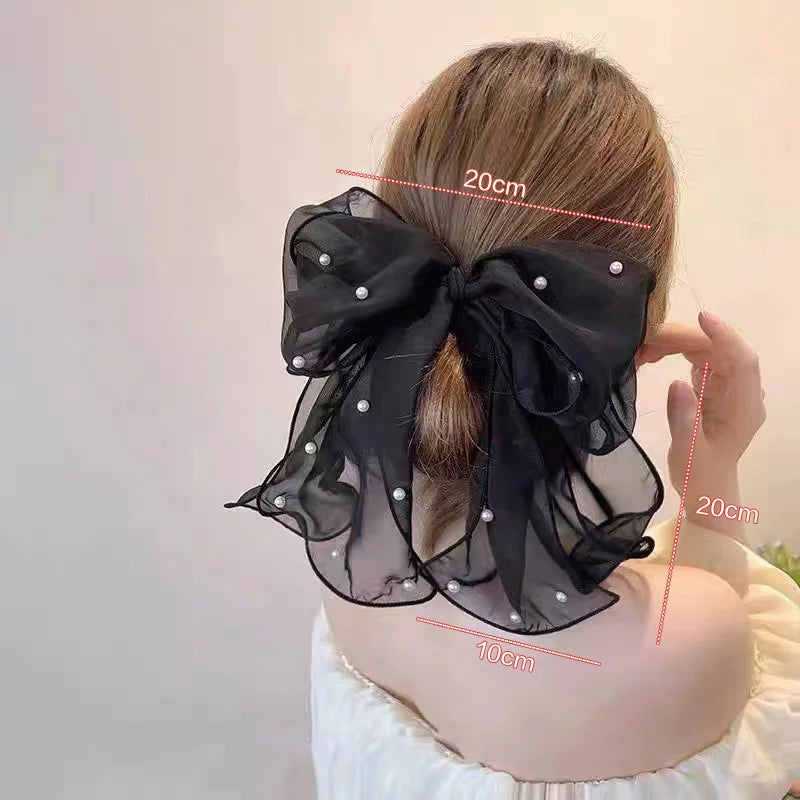 Fashion Ribbon Pearl Bow Hair Clips For Women Elegant Chiffon Bowknot Ponytail Clip Pin Bows Barrette Sweet Headwear Accessories Oasis Select Black