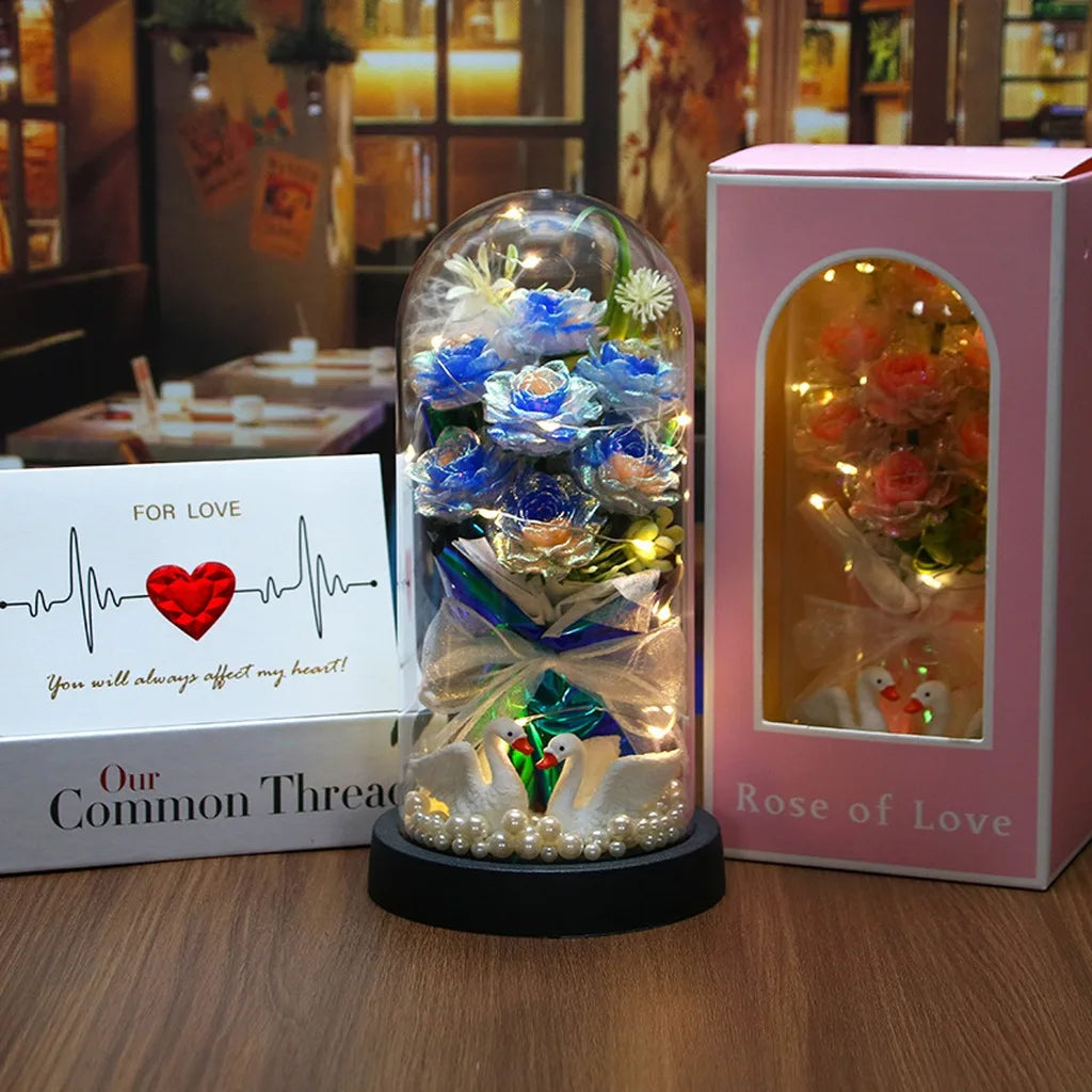 Glass Dome Ornament Handmade Decorative Flower Wreath Preserved Rose Bouquet Dust-Free Led Glowing Night Light For Valentine'S Oasis Select Gradient Navy Blue