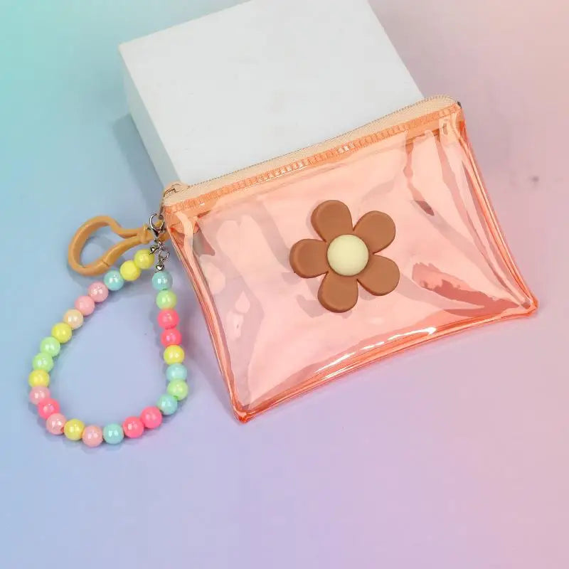 Flower Bead Chain Coin Purse – Clear PVC Zipper Mini Wallet