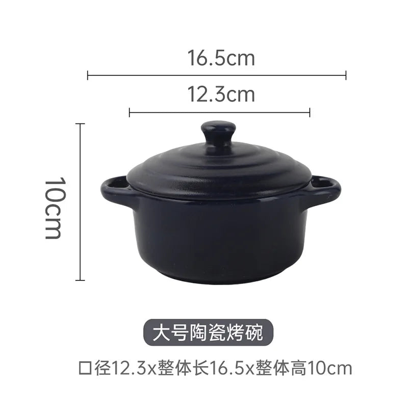 1Pc Small Ceramic Double Ear Bowl - Oven Safe for Steamed Egg Custard, Household Stew Soup, Pudding Baking & Stewing Pot Oasis Select Dark-Blue-L