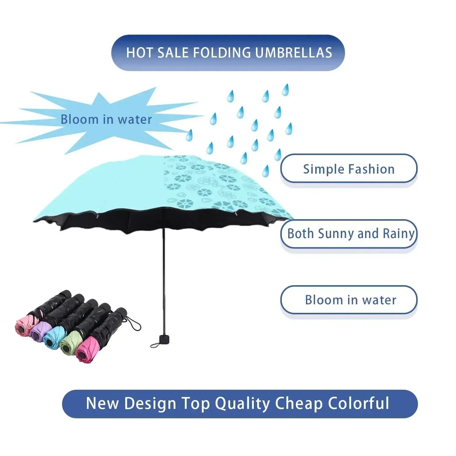 Portable Creative Water Flowering Umbrella Manual Black Coating UV Protection Sun Rain Dual Use Folding Parasol Oasis Select