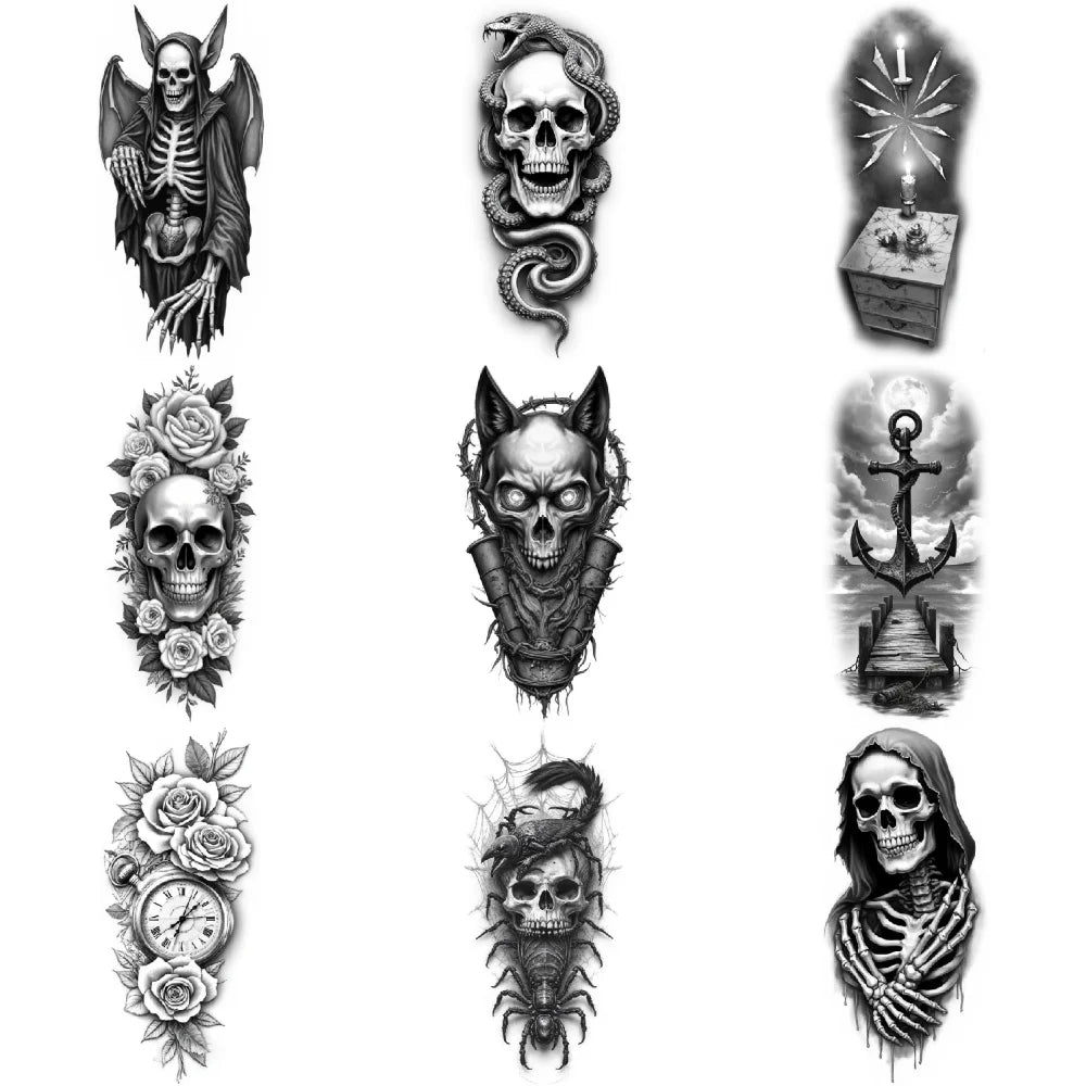 3-Pack Black & Grey Realism Temporary Tattoos – Roses & Skeleton