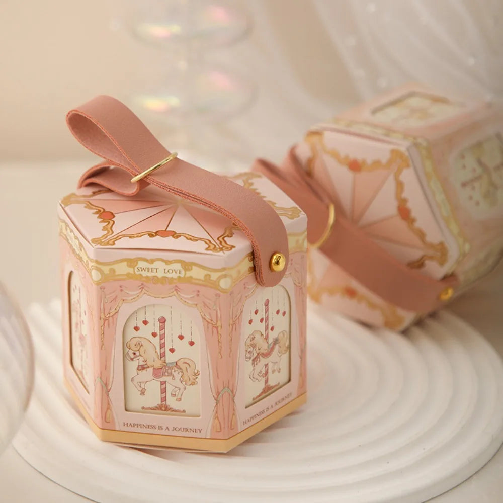 Beautiful Carousel Gift Box Leather Handle Wedding Candy Box Elegant Handheld Gift Bag Birthday Candy Tote Bag Decoration Oasis Select Pink