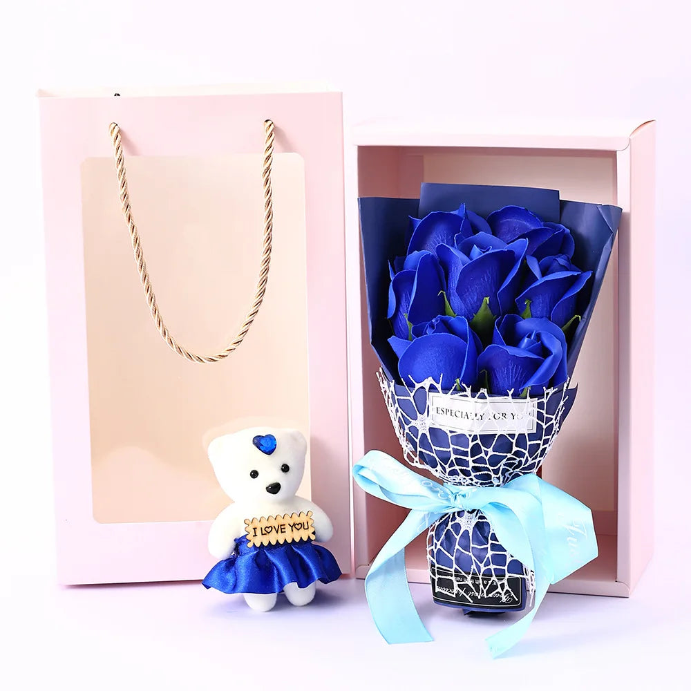 Romantic Fake Rose Bouquet in Gift Box with Cute Teddy Bear Premium Soap Flower Arrangement Perfect Gift for Valentine's Day Oasis Select E