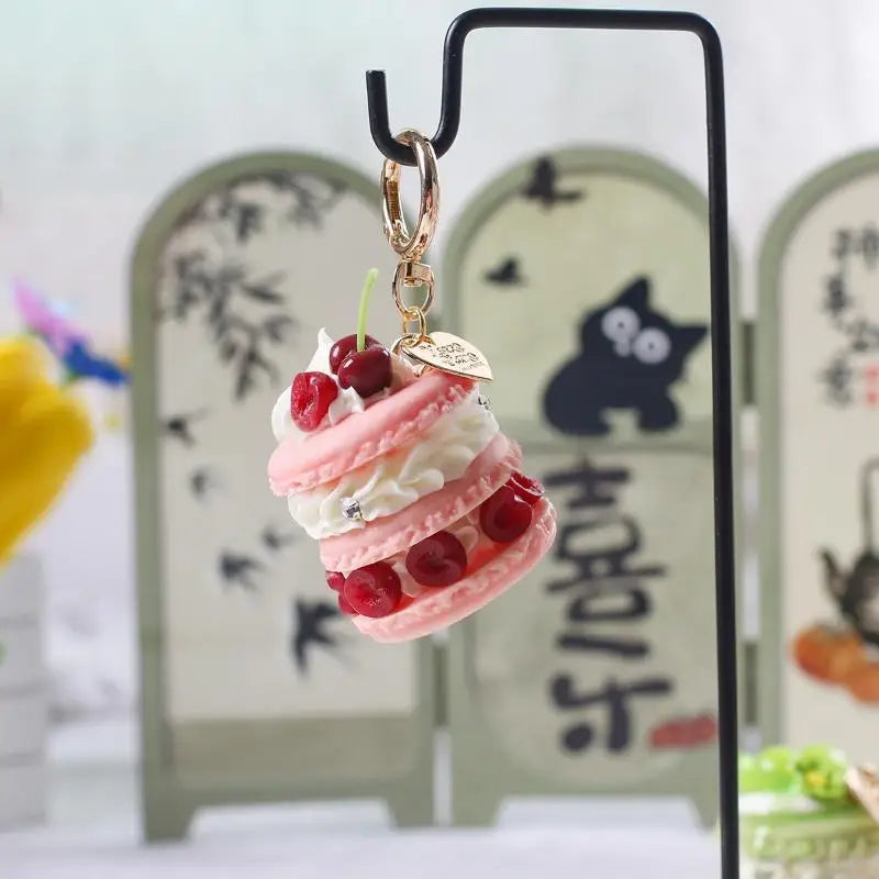 Fruit Macaron Cake Keychain Realistic Dessert Pendant Cute Fun Bag Accessories for Girls Key Ring Holder School Bag Charm Oasis Select A4