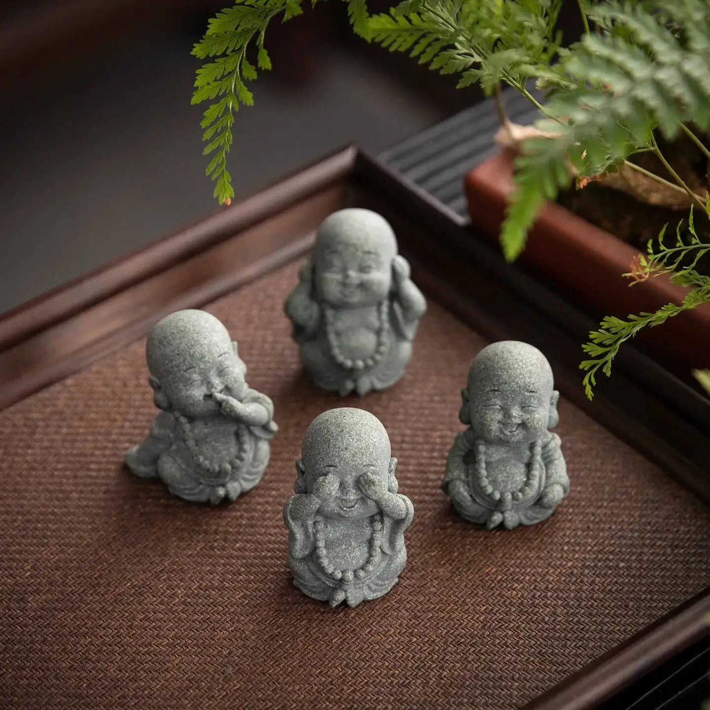 Green Sandstone tea pet Big Belly Maitreya Buddha Laughing Four Little Monks Ornament Desktop Tea play Table Craft Oasis Select