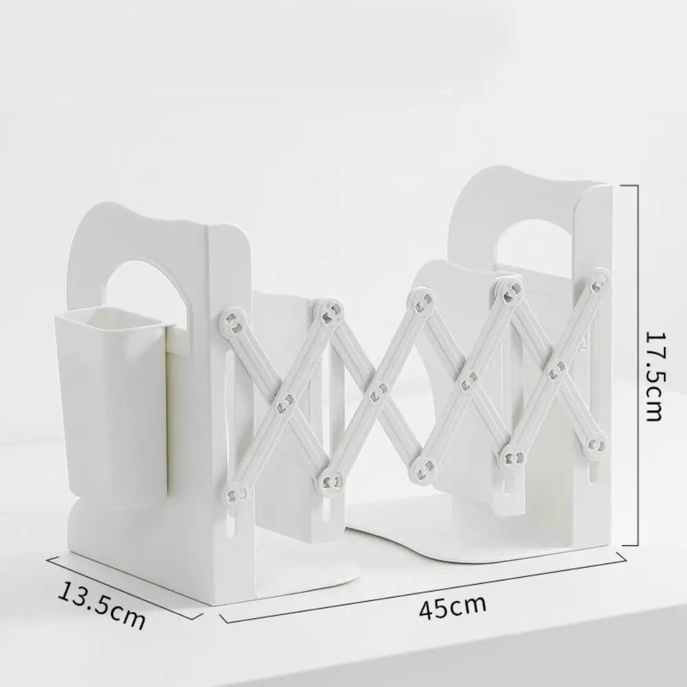with Pen Holder Retractable Bookends Fixed Book Clip Save Space Adjustable Bookshelf Stationery Simple Divider Book Stand Oasis Select White-S