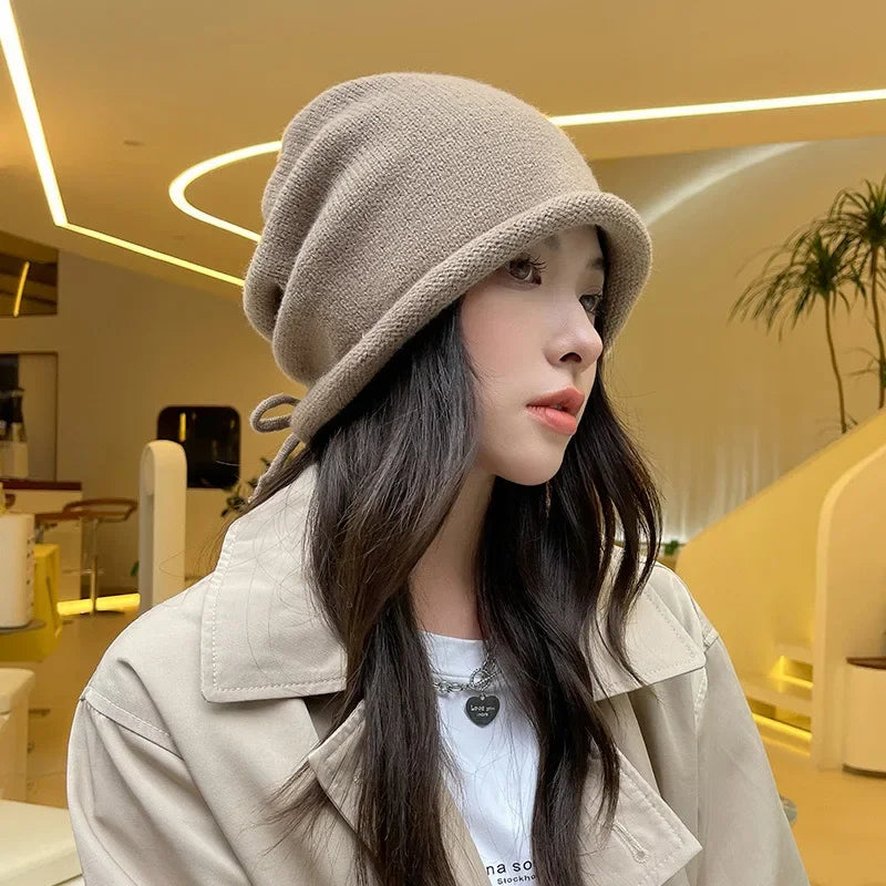 Knitted Bonnet Hoods Female Winter Warm Baggy Slouchy Beanies Hat Women Fashion Drawstring Pullover Cold Hats for Ladies Winter Oasis Select