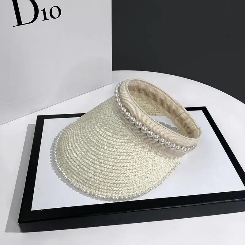 Summer Beach Straw Hat with Pearls for Women Wide Brim Open Crown Elegant Raffia Sun Protection Cap Holiday Essentials Oasis Select A4