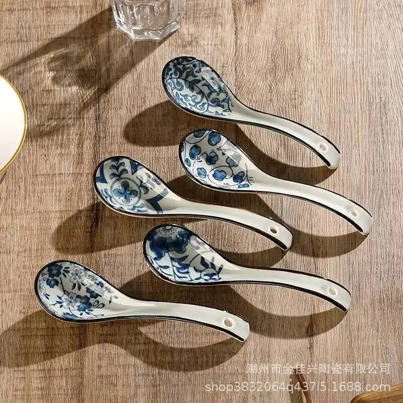 Japanese Blue And White Ceramic Spoon Extended Length For Drinking Soup Kitchen Cooking Utensil Oasis Select