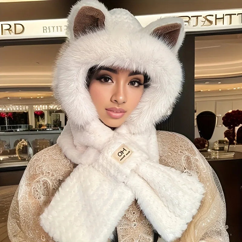 1pc Kawaii Cat Ears Beanie with Pom-Pom, Women's Winter Hat Furry Collar for Christmas Gift, Cute,Fashionable and Warm Oasis Select WHITE GG