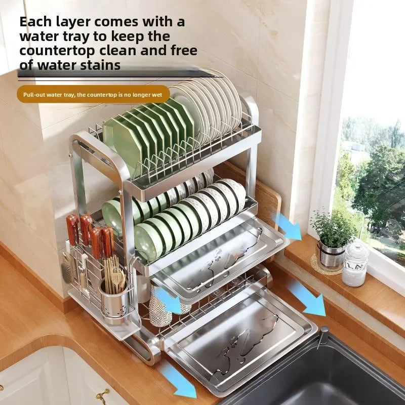 Stainless steel dish storage rack Drain rack Multi-layer kitchen rack Thickened square tube Multifunctional bowl and chopstick Oasis Select
