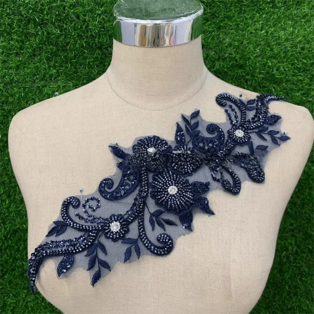 Rhinestone Flower Lace Applique Patch Handsewn Glass Drill Flower Embroidery Applique DIY Evening Gown Wedding Dress Accessories Oasis Select Dark Blue