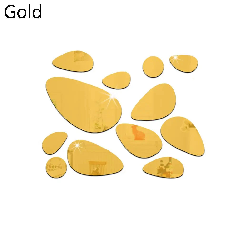 Self-adhesive Mirror Surface Wall Stickers 3D Pebble Decals Removable Vinyl Mural Art Wall Decal Living Room Ornament Oasis Select gold-12pcs