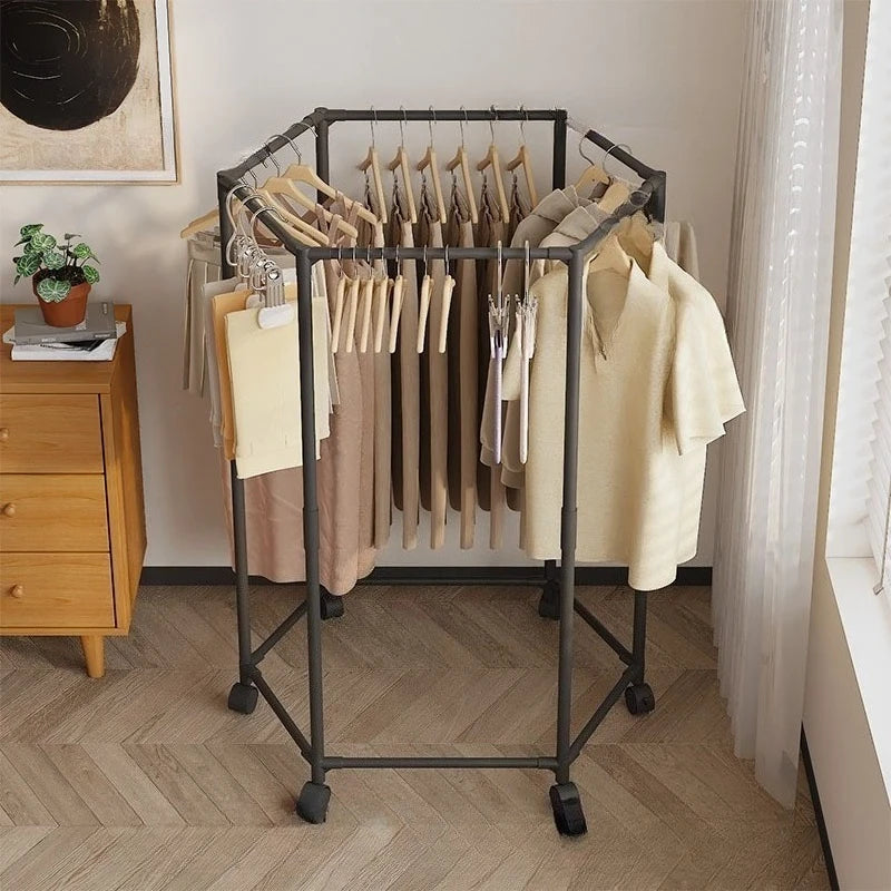 Hexagon Rotating Floor Clothes Rack Dormitory Coat Hanger Stand Indoor Drying Rack Movable Garment Organizer Hat Stand Oasis Select