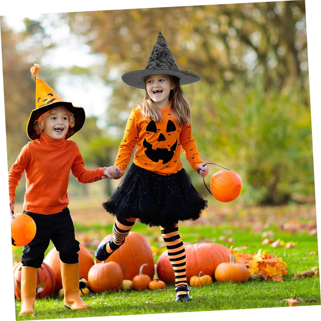 Halloween Witch Hat – Tulle Pumpkin Print Curved Brim Costume