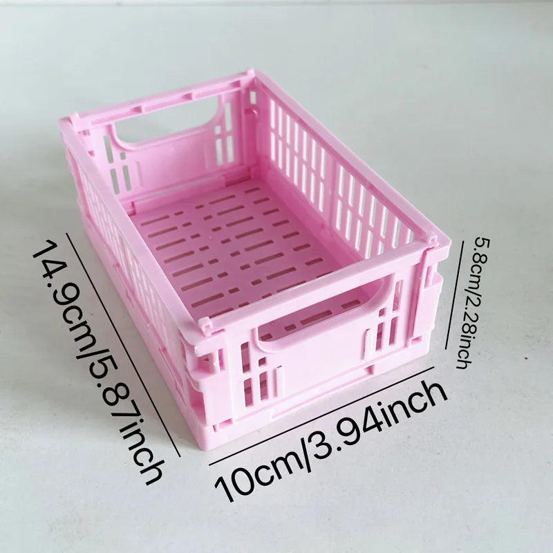 Collapsible Crate Plastic Folding Storage Box Basket Utility Cosmetic Container Desktop Holder Home Use School Desk Storage Box Oasis Select pink