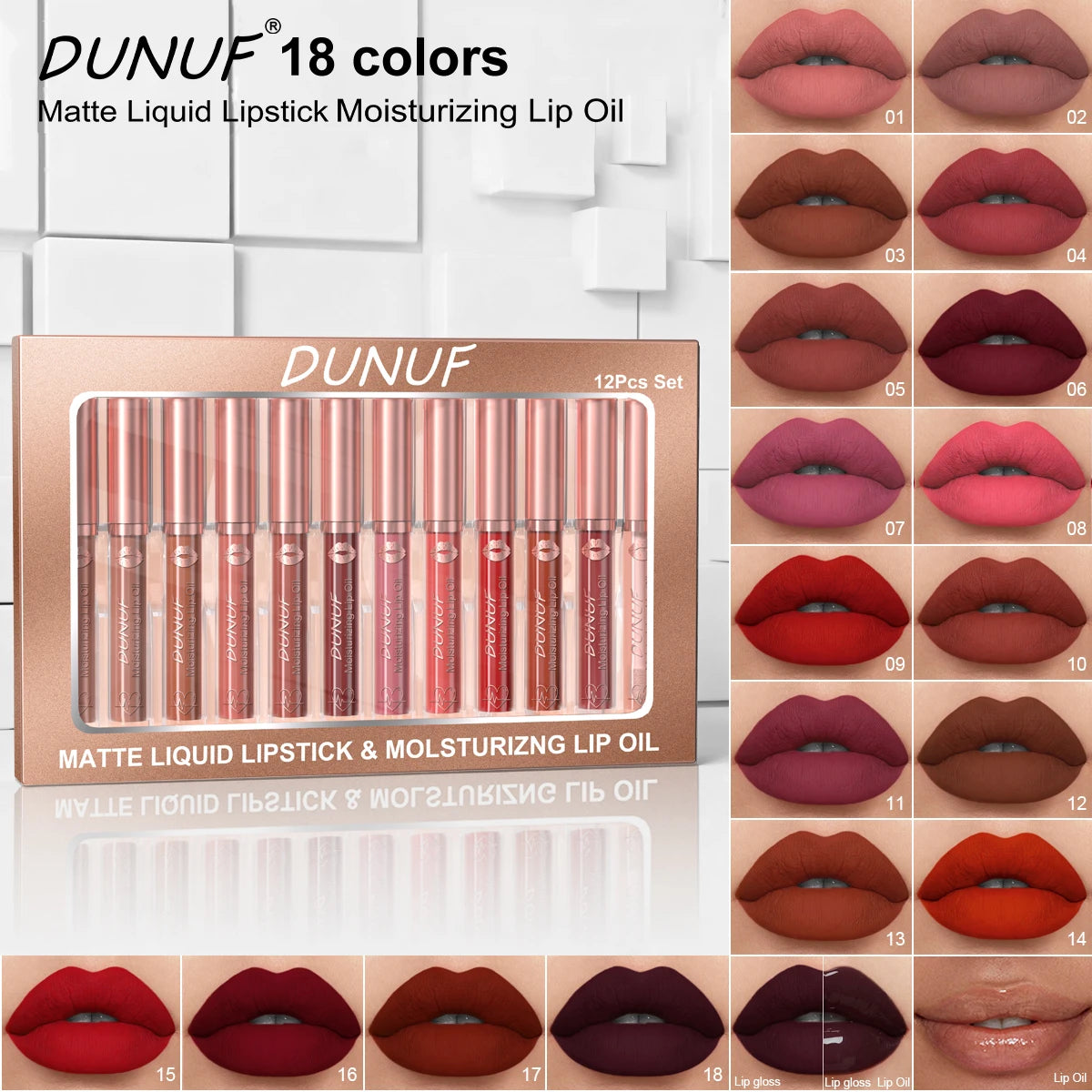 DUNUF 12 Pcs Matte Lipstick Lip Gloss Waterproof Long-lasting Easy Coloring Beginner Friendly Non-stick Cup Shape Non-fading Moi Oasis Select