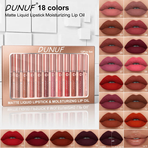 DUNUF 12 Pcs Matte Lipstick Lip Gloss Waterproof Long-lasting Easy Coloring Beginner Friendly Non-stick Cup Shape Non-fading Moi Oasis Select