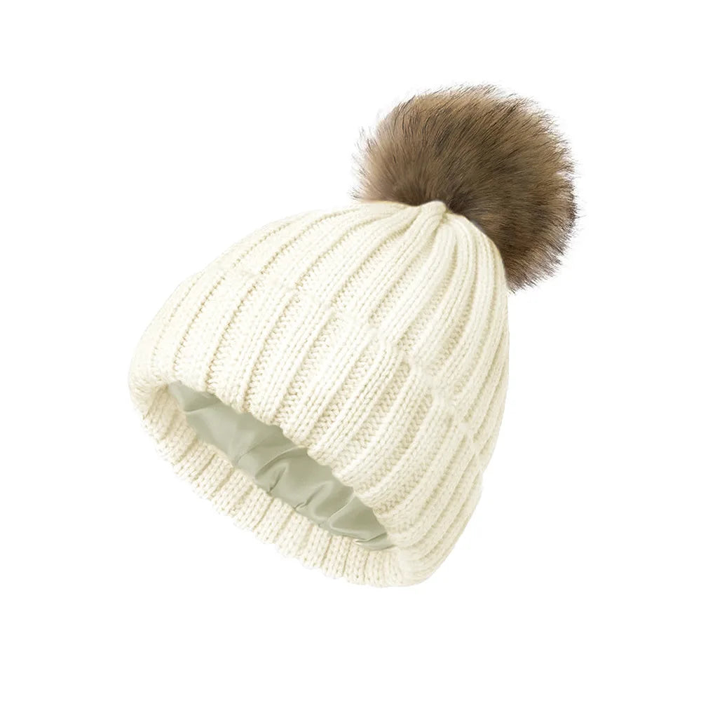 Adult soft knitted hat with no brim, reverse mouth hat, satin lining, wool ball hat, warm knitted hat without label Oasis Select 6