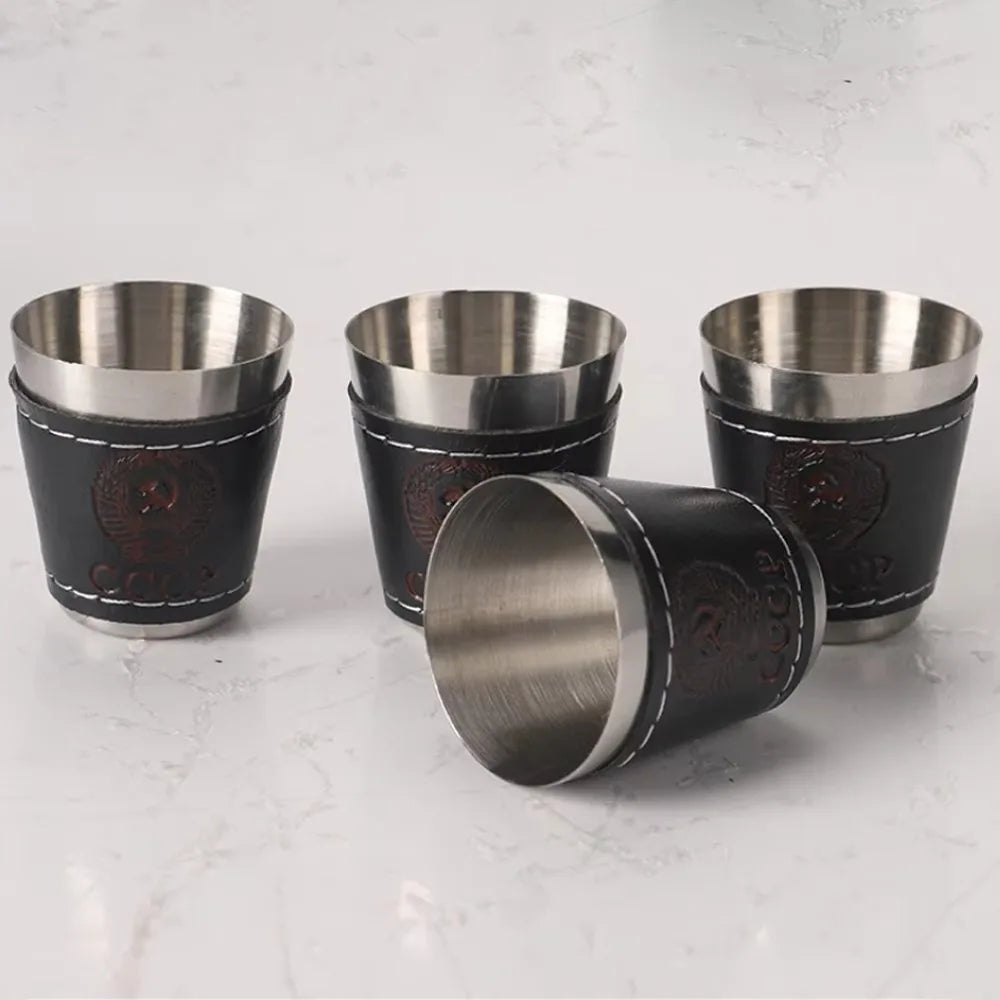 4-Piece Stainless Steel Travel Cup Set | PU Leather Sleeve