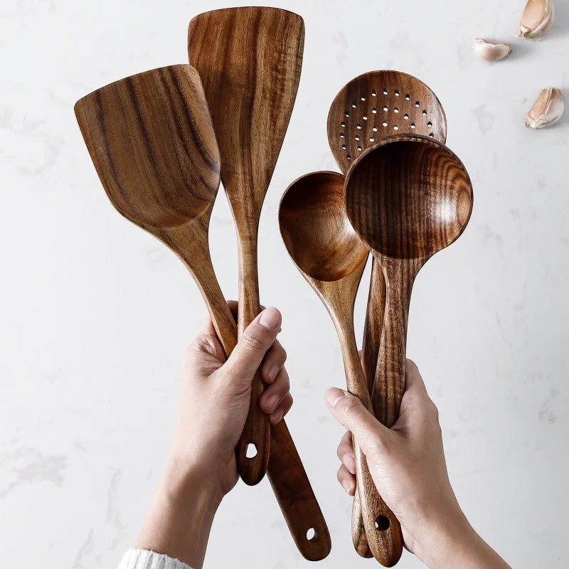 7pcs/set Teak Natural Wood Tableware Spoon Ladle Turner Rice Colander Soup Skimmer Cooking Spoon Scoop Kitchen Reusable Tool Kit Oasis Select