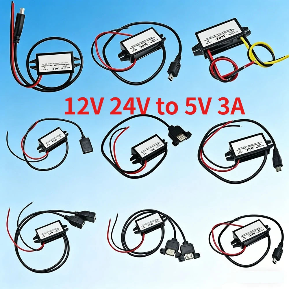 Car Power Converter DC-DC12V 24V to 5V 3A 15W Step Down Module Power Adapter USB-A Female/open Wire Connector/Type-C/dual USB Oasis Select
