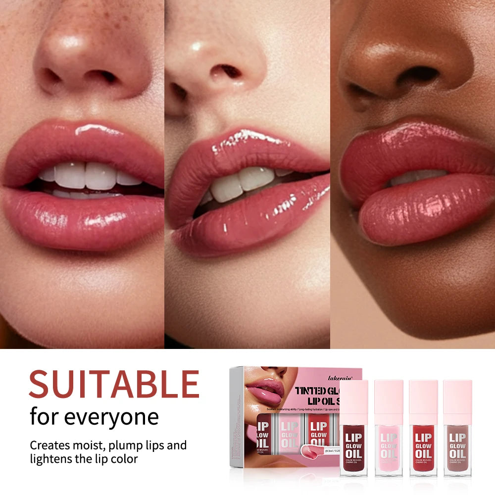 Tinted Glow Lip Oil Set – 4-Piece Jelly Lip Gloss & Balm