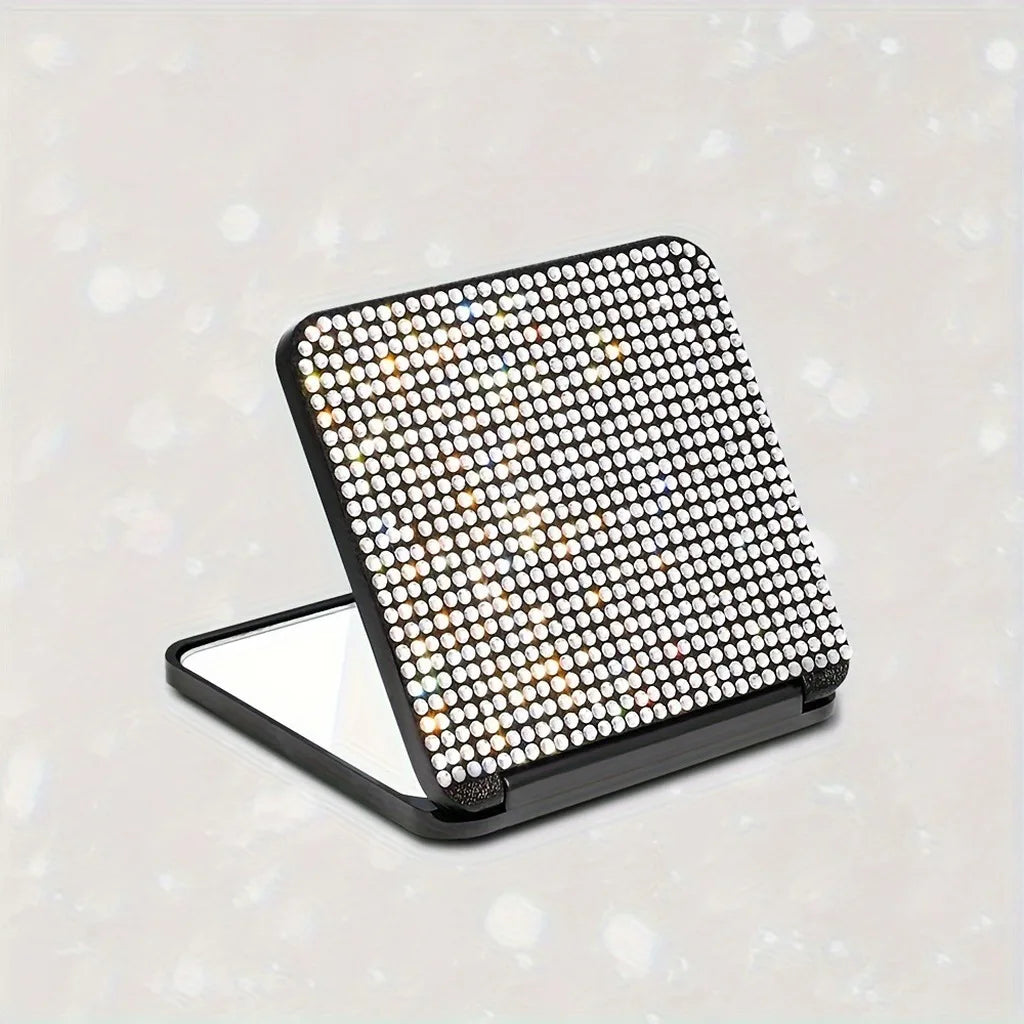 Rhinestone Compact Pocket Mirror – Double-Sided Flip Makeup Mirror