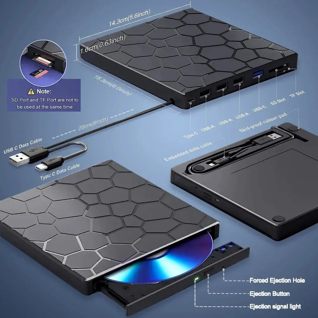7 in 1 External CD/DVD Drive USB 3.0 Type C Portable DVD Player CD Burner External Disk Drive for Desktop Mac Windows Linux Oasis Select