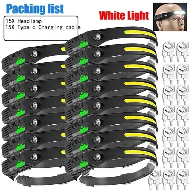 USB Rechargeable LED COB Sensor Headlamp White Light Head Torch Work Lamp Outdoor Waterproof Camping Fishing Lantern Headlight Oasis Select 15PCS