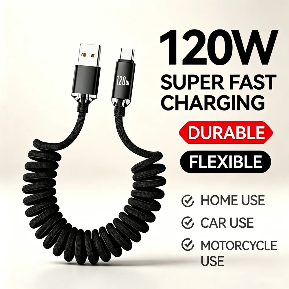 120W Spring USB Type C Cable Fast Charging For Huawei Xiaomi Mobile Phone Type C To USB C Cable For iPhone 15 16 Samsung Cable Oasis Select